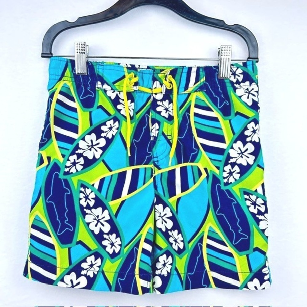 J-Khaki Boys Blue Green Surfboard Hibiscus Shark Print Swim Trunks Size 5